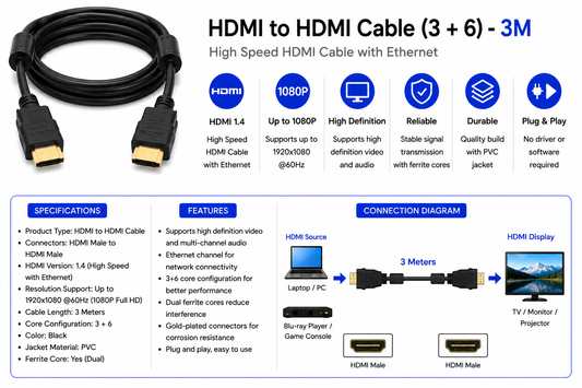 HDMI to HDMI Cable (3 + 6) - 3M (HDMI-3+6-3M)