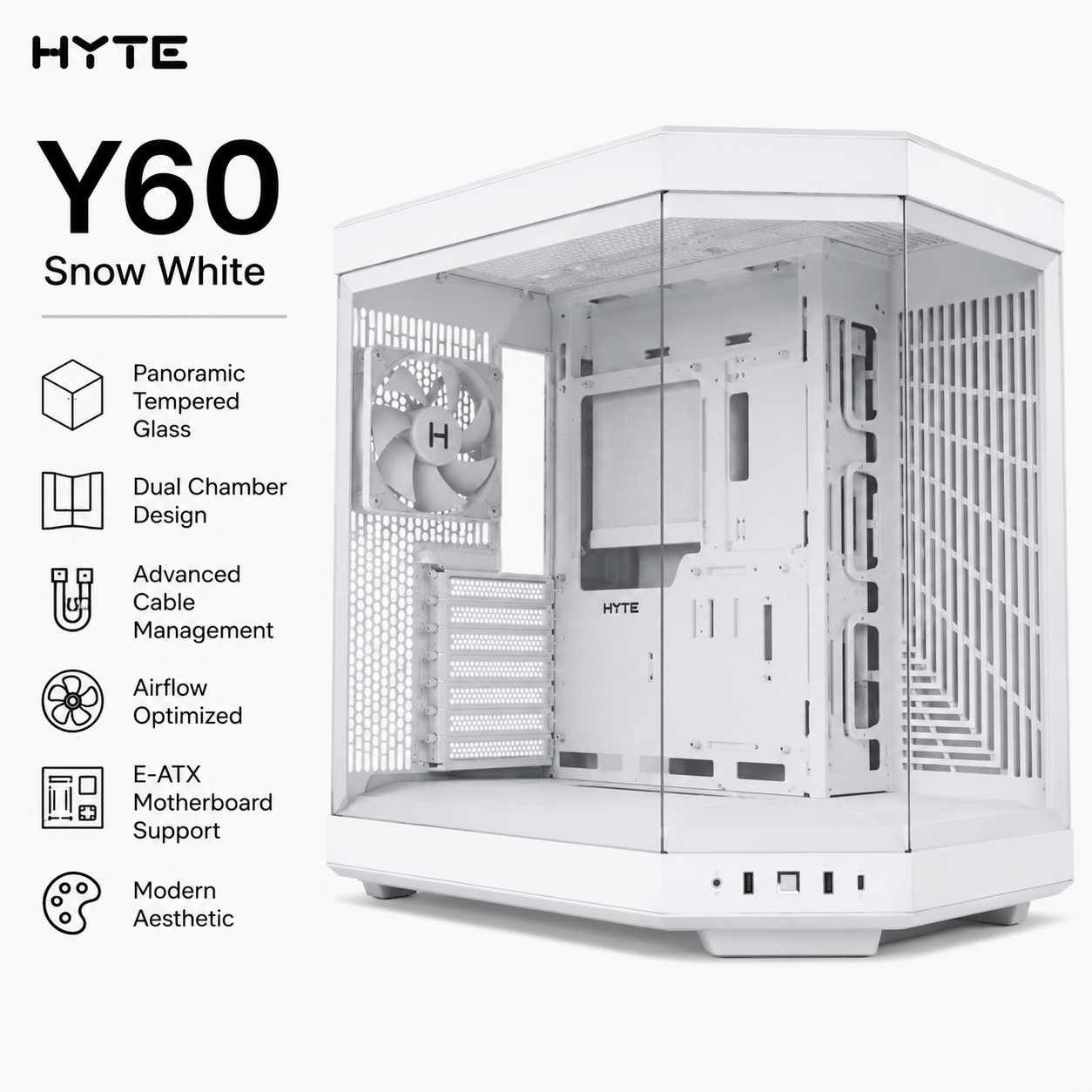 HYTE Y60 Snow White Modern Aesthetic Dual Chamber Panoramic Tempered Glass R/B (CS-HYTE-Y60-WW)