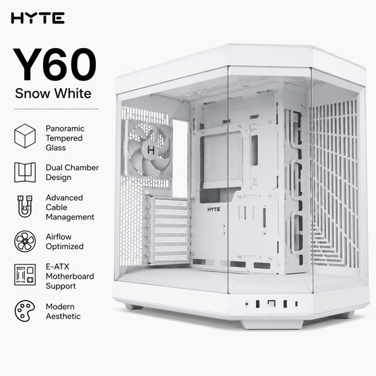 HYTE Y60 Snow White Modern Aesthetic Dual Chamber Panoramic Tempered Glass R/B (CS-HYTE-Y60-WW)