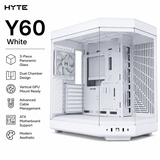HYTE Y60 White 3-Piece Panoramic Glass Dual Chamber Mid-Tower ATX Case (CS-HYTE-Y60-BW)