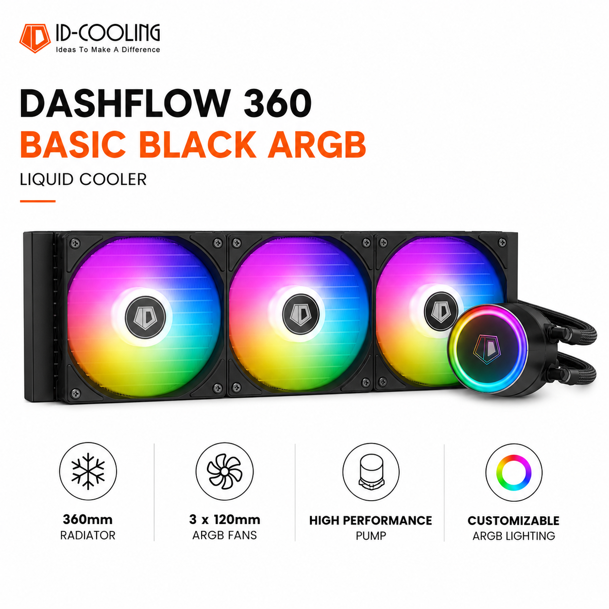 IDCOOLING Dashflow 360 Basic Black ARGB Liquid Cooler - Black (DASHFLOW-360-BASIC-BLACK)