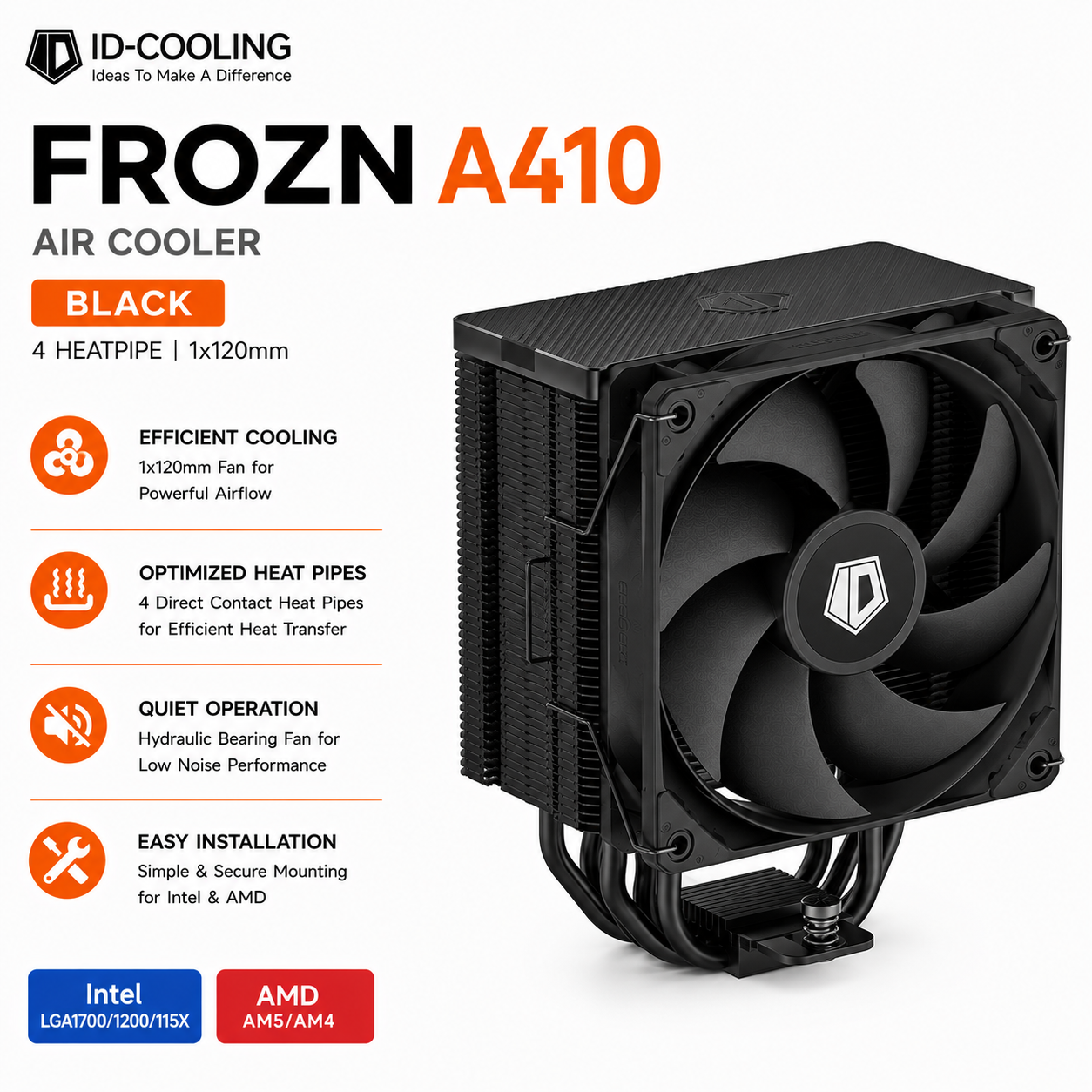 IDCooling FROZN A410 Air Cooler Black 4 heatpipe 1x120mm (FROZN-A410-BLACK)