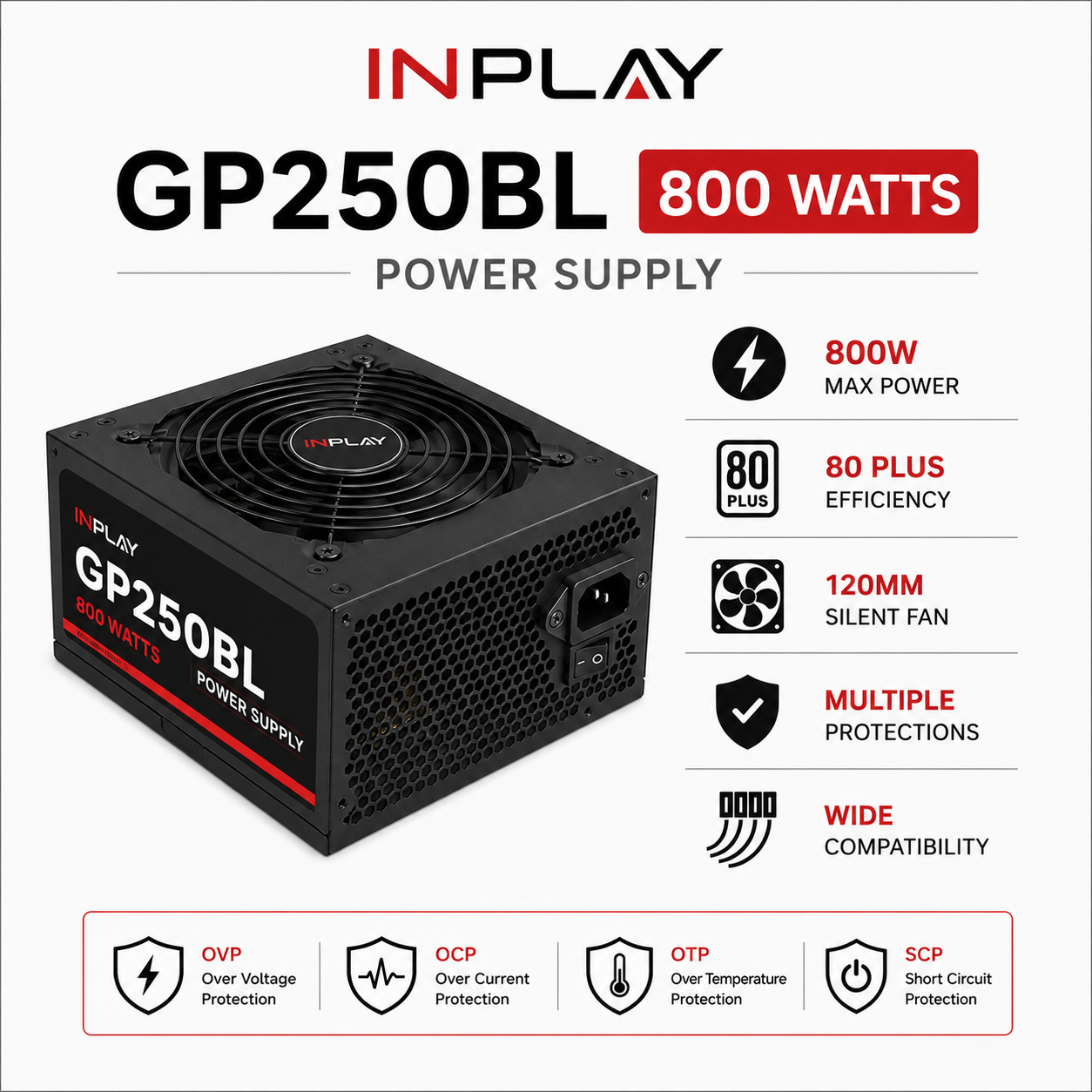 INPLAY GP250BL 800 Watts Power Supply (GP250BL)