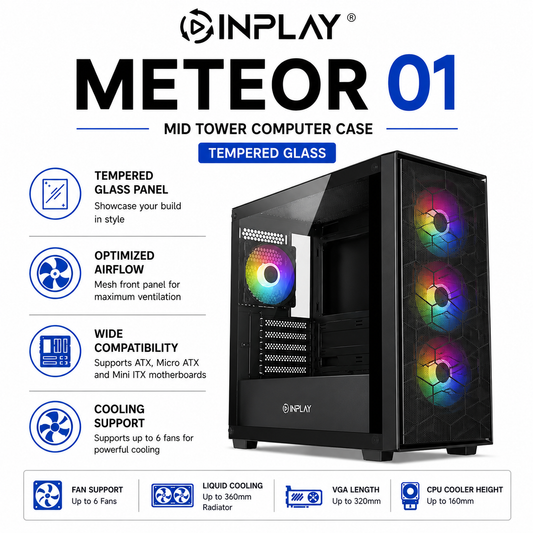 INPLAY Meteor 01 Mid Tower Computer Case Tempered Glass (METEOR-01)