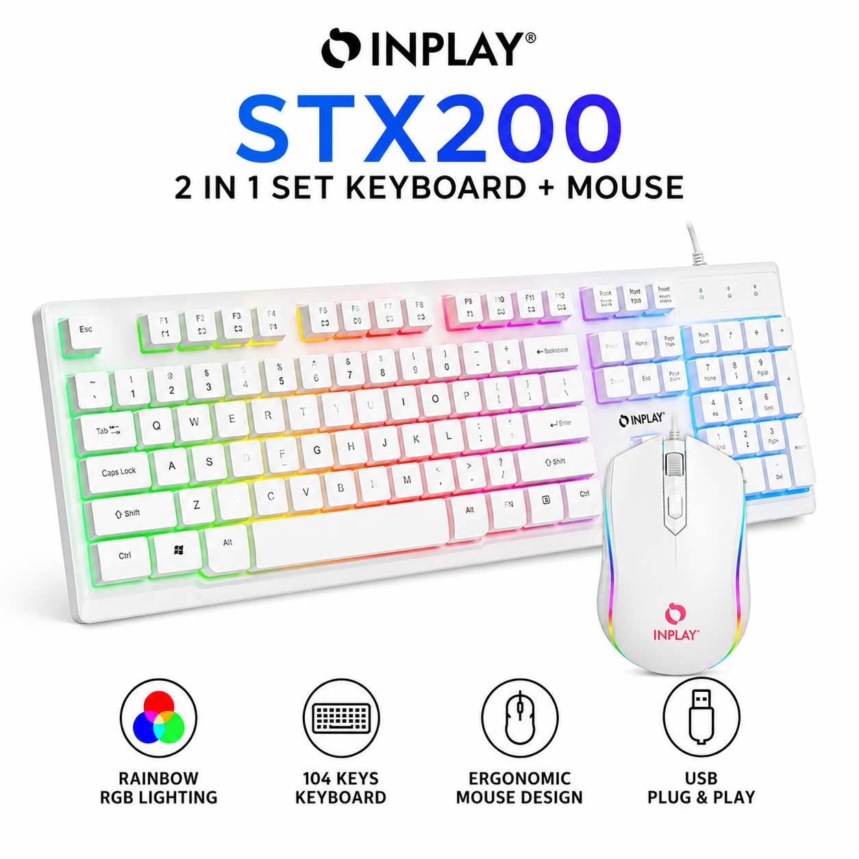 INPLAY STX200 2 IN 1 Set Keyboard Rainbow RGB -White (STX200)