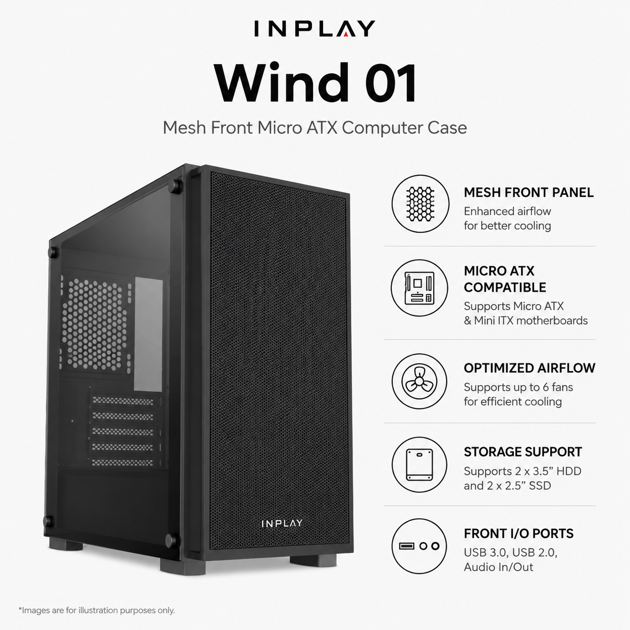 INPLAY Wind 01 Mesh Front Micro ATX Computer Case (WIND-01)