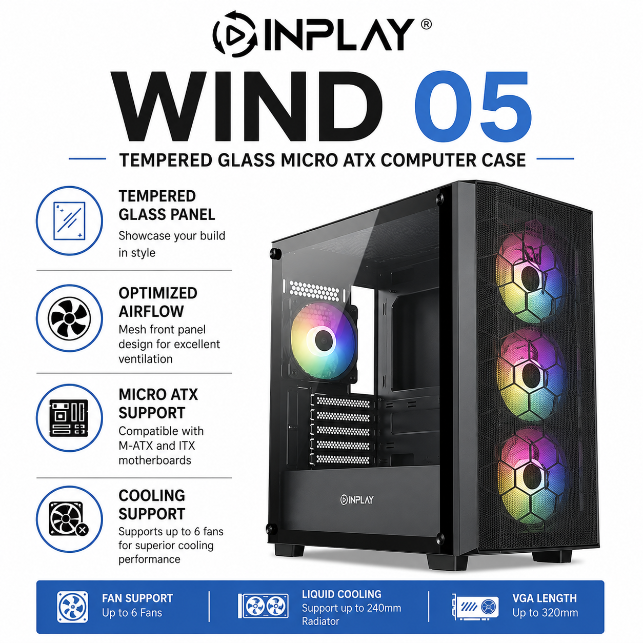 INPLAY Wind 05 Tempered Glass Micro ATX Computer Case (WIND-05)