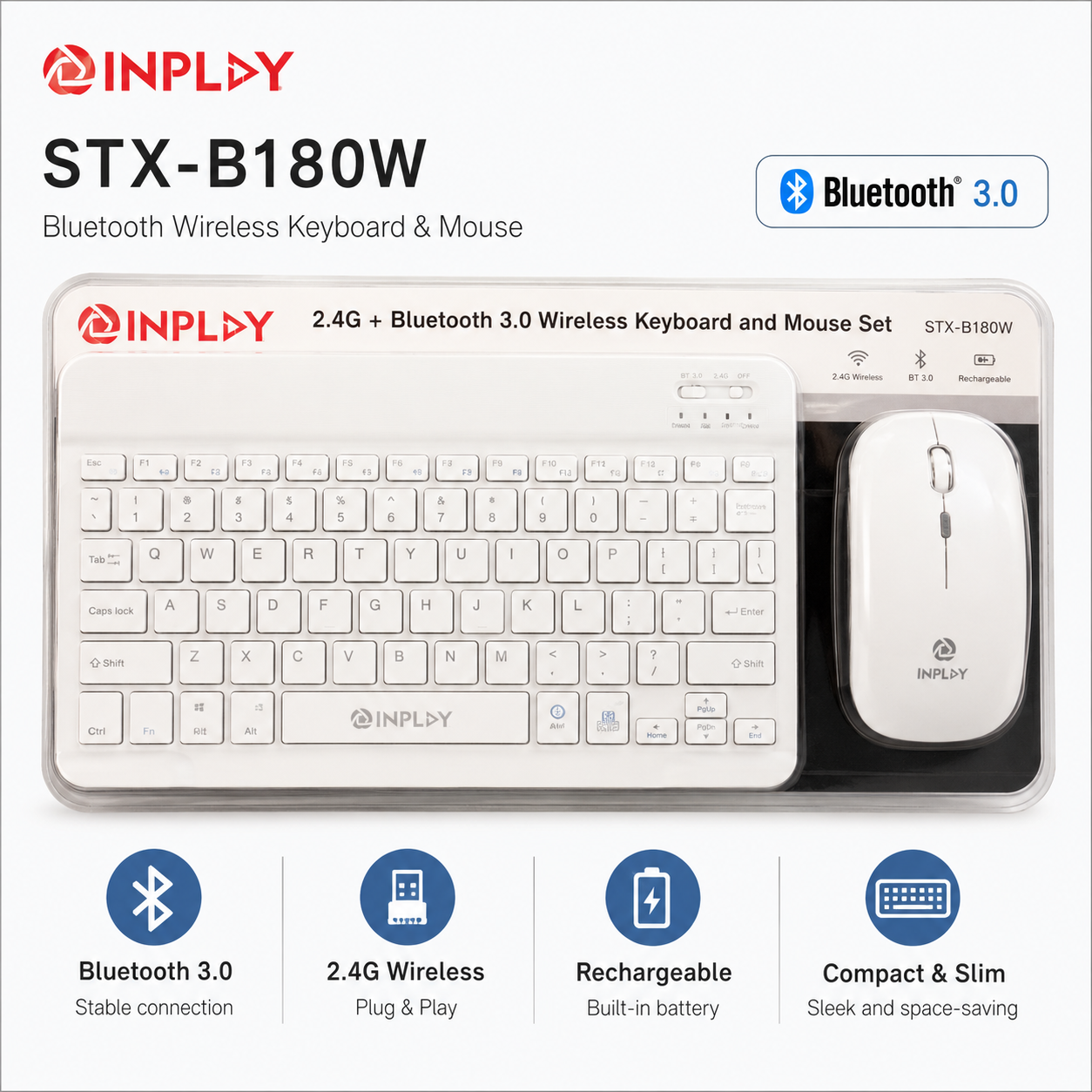 Inplay STX-B180W Bluetooth Wireless Keyboard & Mouse White (STX-B180W)