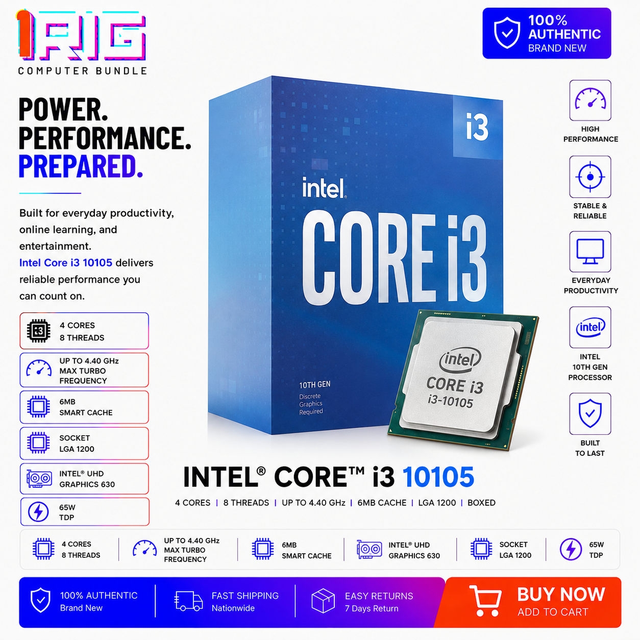 Intel Core i3 10105 Processor 6M Cache, up to 4.40 GHz (Boxed) (BX8070110105)