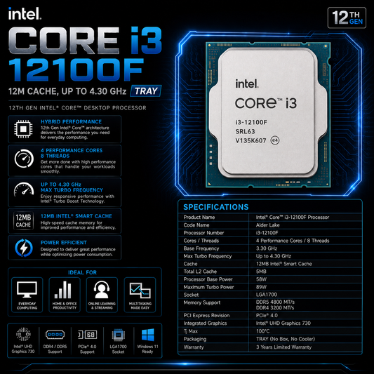 Intel Core i3 12100F Processor 12M Cache, up to 4.30 GHz TRAY (BX8071512100F)