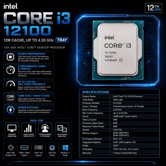Intel Core i3 12100 Processor 12M Cache, up to 4.30 GHz TRAY (CM8071504651014)