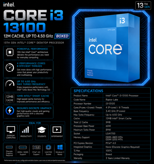 Intel Core i3 13100 Processor 12M Cache, up to 4.50 GHz (Boxed) (BX8071513100)