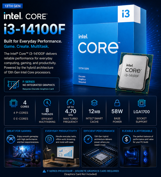 Intel Core i3 14100F Processor 12M Cache, up to 4.70 GHz (Boxed) (BX8071514100F)