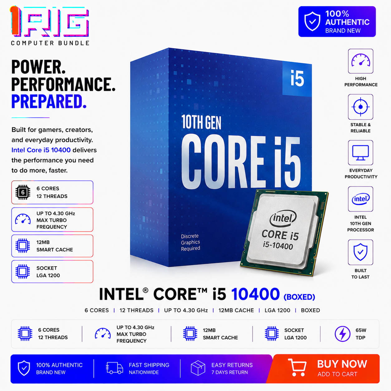 Intel Core i5 10400 Processor (12M Cache, up to 4.30 GHz) (Boxed) (BX8070110400)