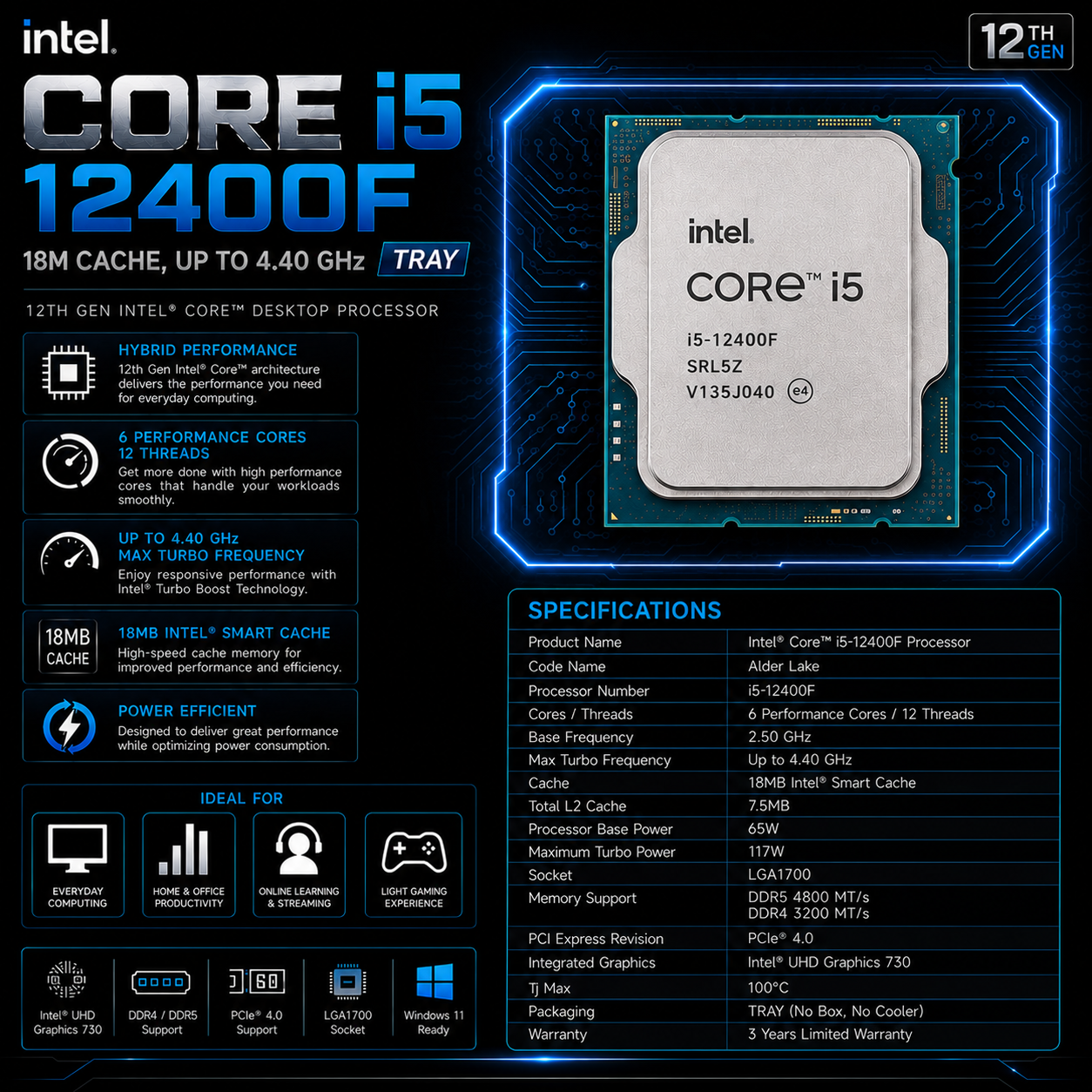 Intel Core i5 12400F Processor 18M Cache, up to 4.40 GHz TRAY (BX8071512400F)