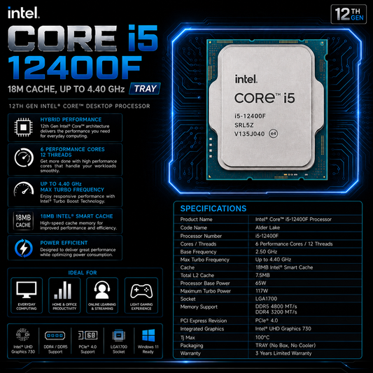 Intel Core i5 12400F Processor 18M Cache, up to 4.40 GHz TRAY (BX8071512400F)