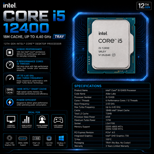 Intel Core i5 12400 Processor 18M Cache, up to 4.40 GHz TRAY (CM8071504650609)