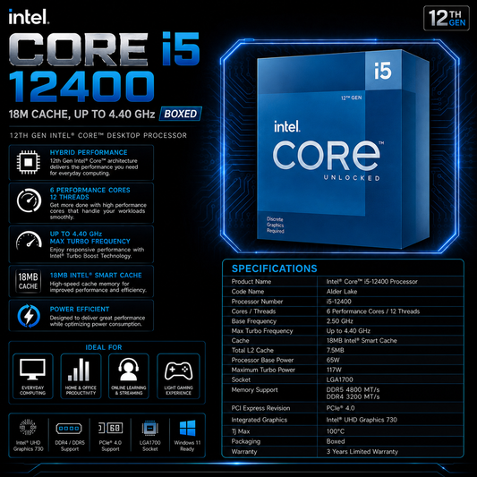 Intel Core i5 12400 Processor 18M Cache, up to 4.40 GHz (Boxed) (BX8071512400)