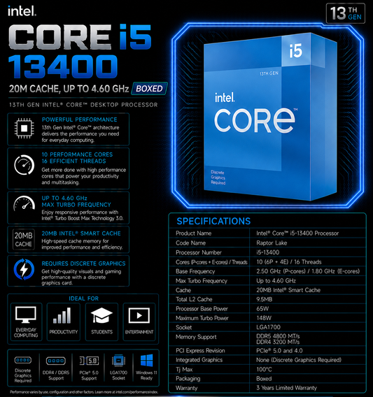 Intel Core i5 13400 Processor 20M Cache, up to 4.60 GHz (Boxed) (BX8071513400)