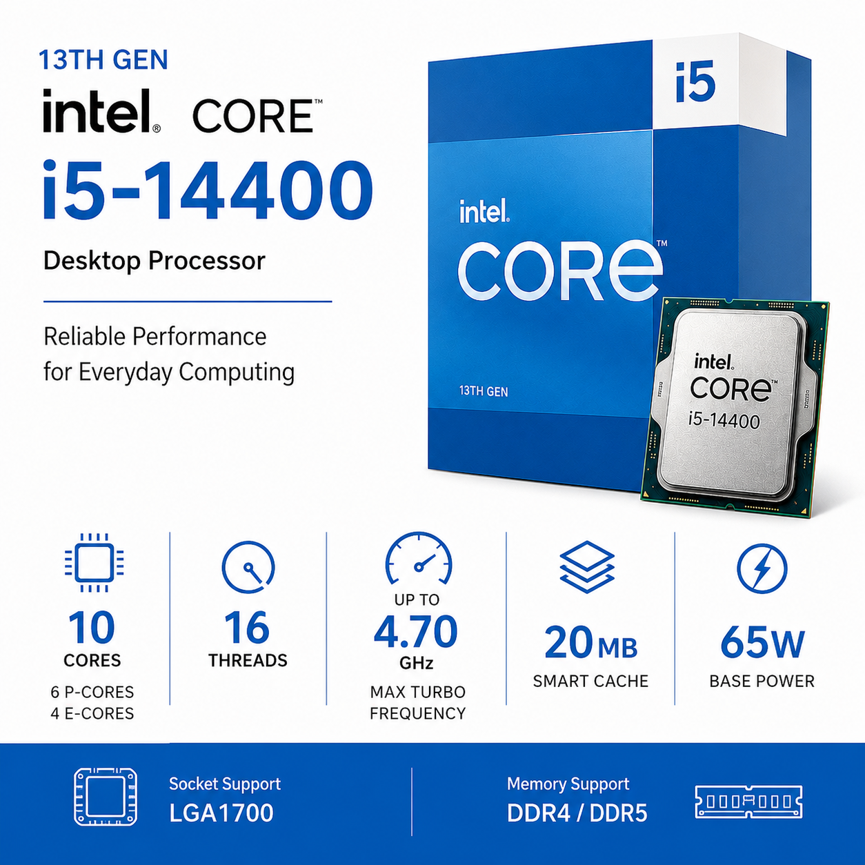 Intel Core i5 14400 Processor 20M Cache, up to 4.70 GHz (Boxed) (BX8071514400)