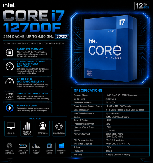 Intel Core i7 12700F Processor 25M Cache, up to 4.90 GHz (Boxed) (BX8071512700F)