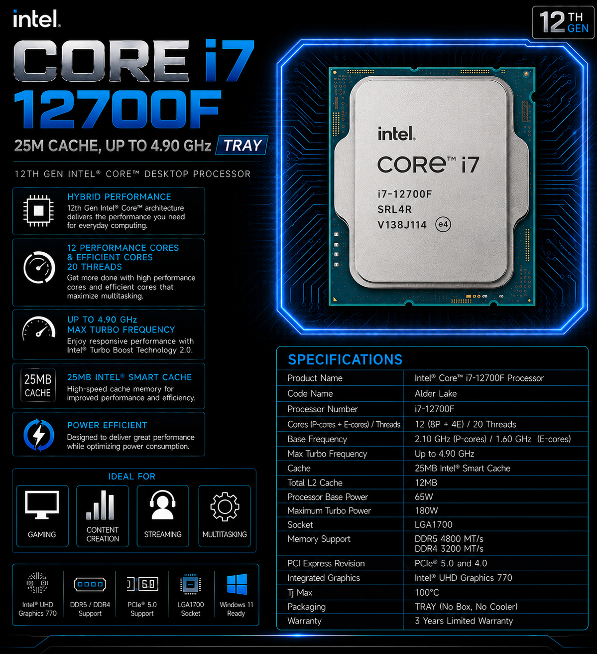 Intel Core i7 12700F Processor 25M Cache, up to 4.90 GHz TRAY (CM8071504555020)