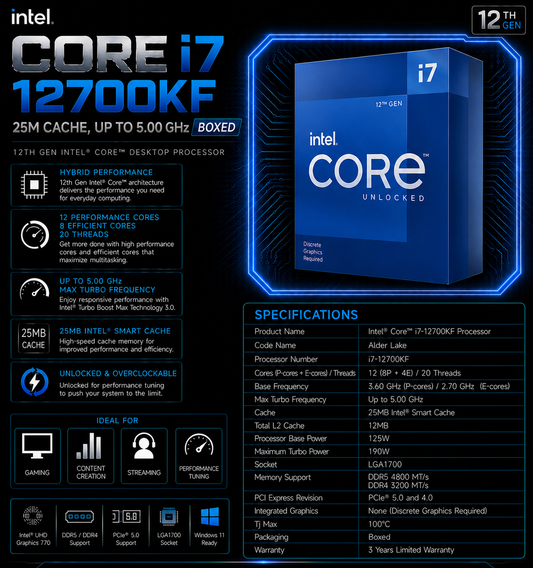 Intel Core i7 12700KF Processor 25M Cache, up to 5.00 GHz (Boxed) (BX8071512700KF)