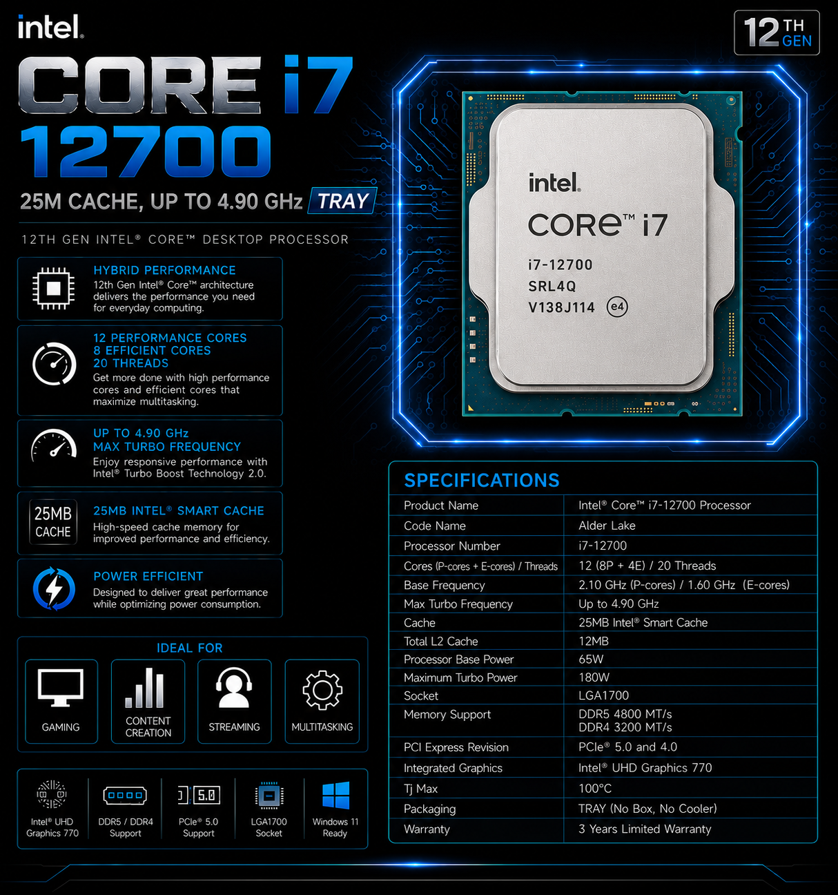 Intel Core i7 12700 Processor 25M Cache, up to 4.90 GHz TRAY (CM8071504555019)