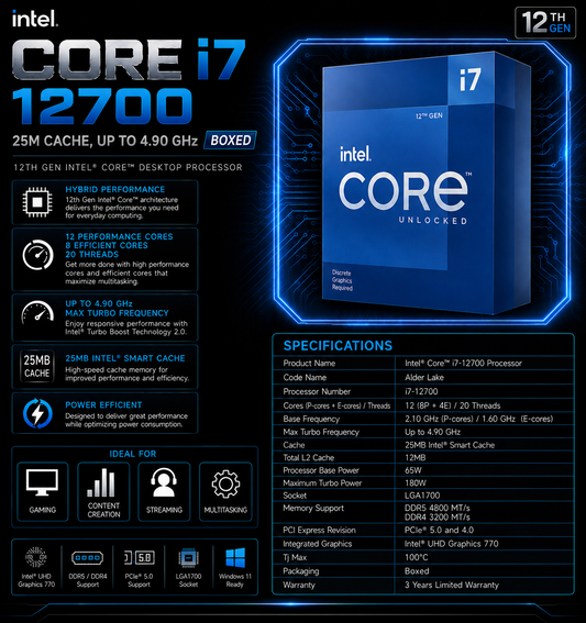 Intel Core i7 12700 Processor 25M Cache, up to 4.90 GHz (Boxed) (BX8071512700)