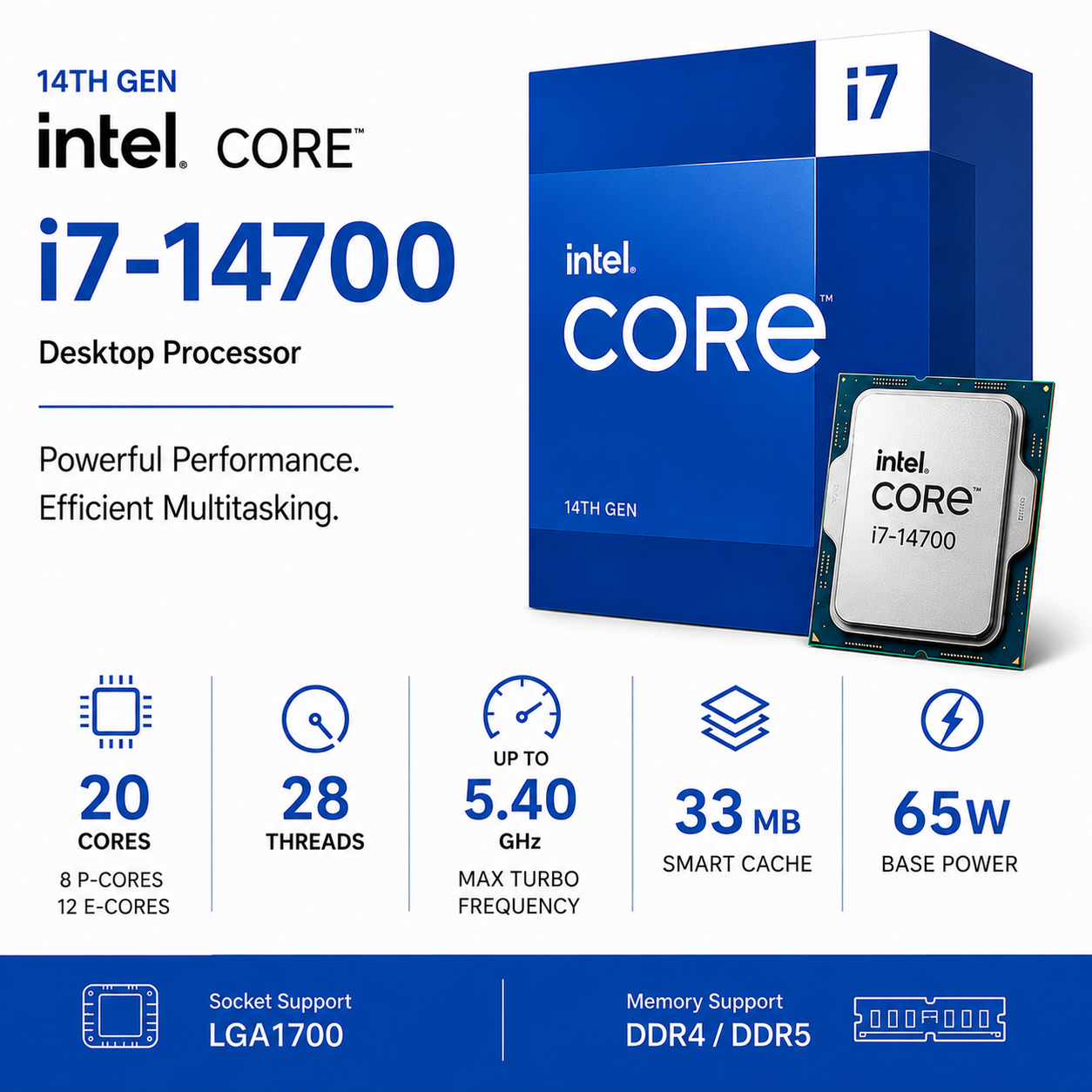 Intel Core i7 14700 Processor 33M Cache, up to 5.40 GHz (Boxed) (BX8071514700)