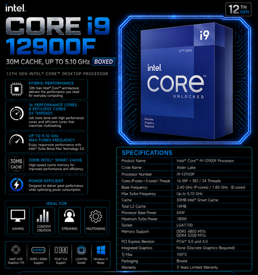 Intel Core i9 12900F Processor 30M Cache, up to 5.10 GHz (Boxed) (BX8071512900F)