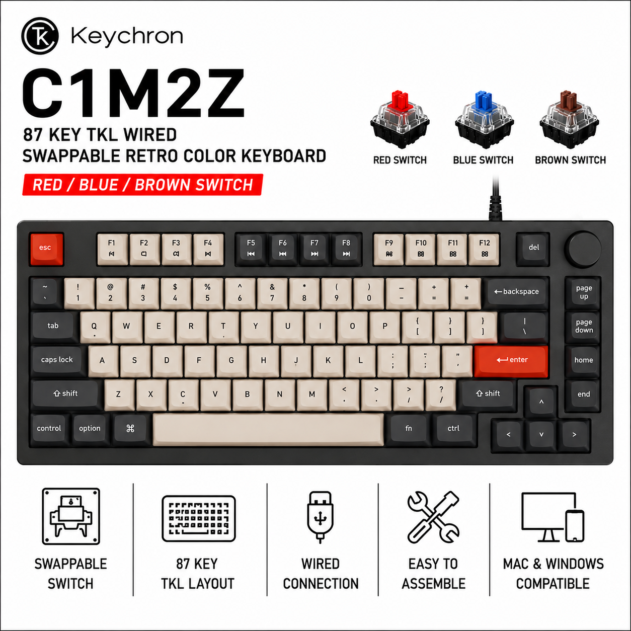 KEYCHRON C1M2Z 87 Key TKL Wired Swappable Retro Color Keyboard (Red/Blue/Brown Switch) (C1M2Z)