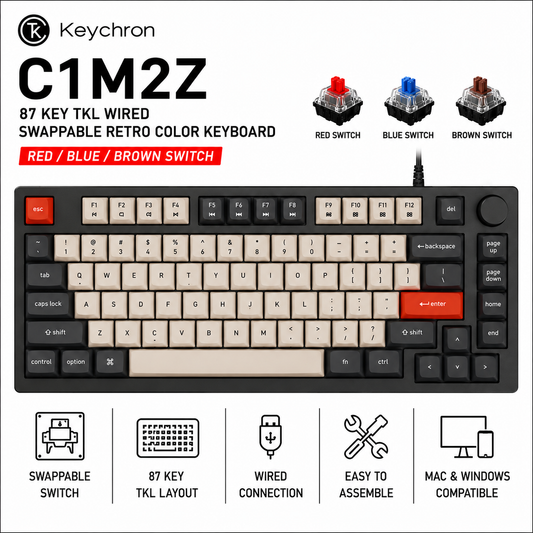KEYCHRON C1M2Z 87 Key TKL Wired Swappable Retro Color Keyboard (Red/Blue/Brown Switch) (C1M2Z)