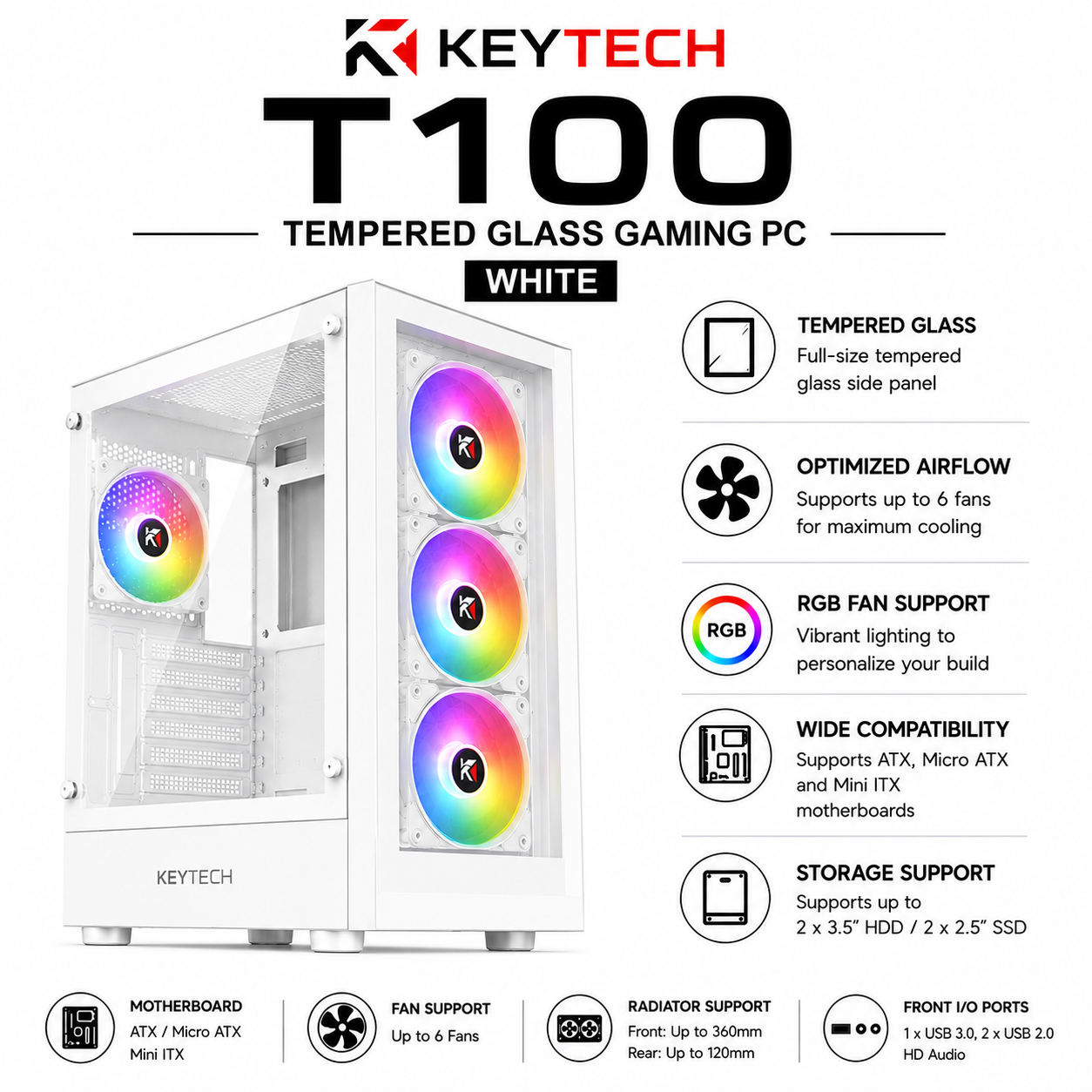 KEYTECH T100 Tempered Glass Gaming PC White (T100-WHT)