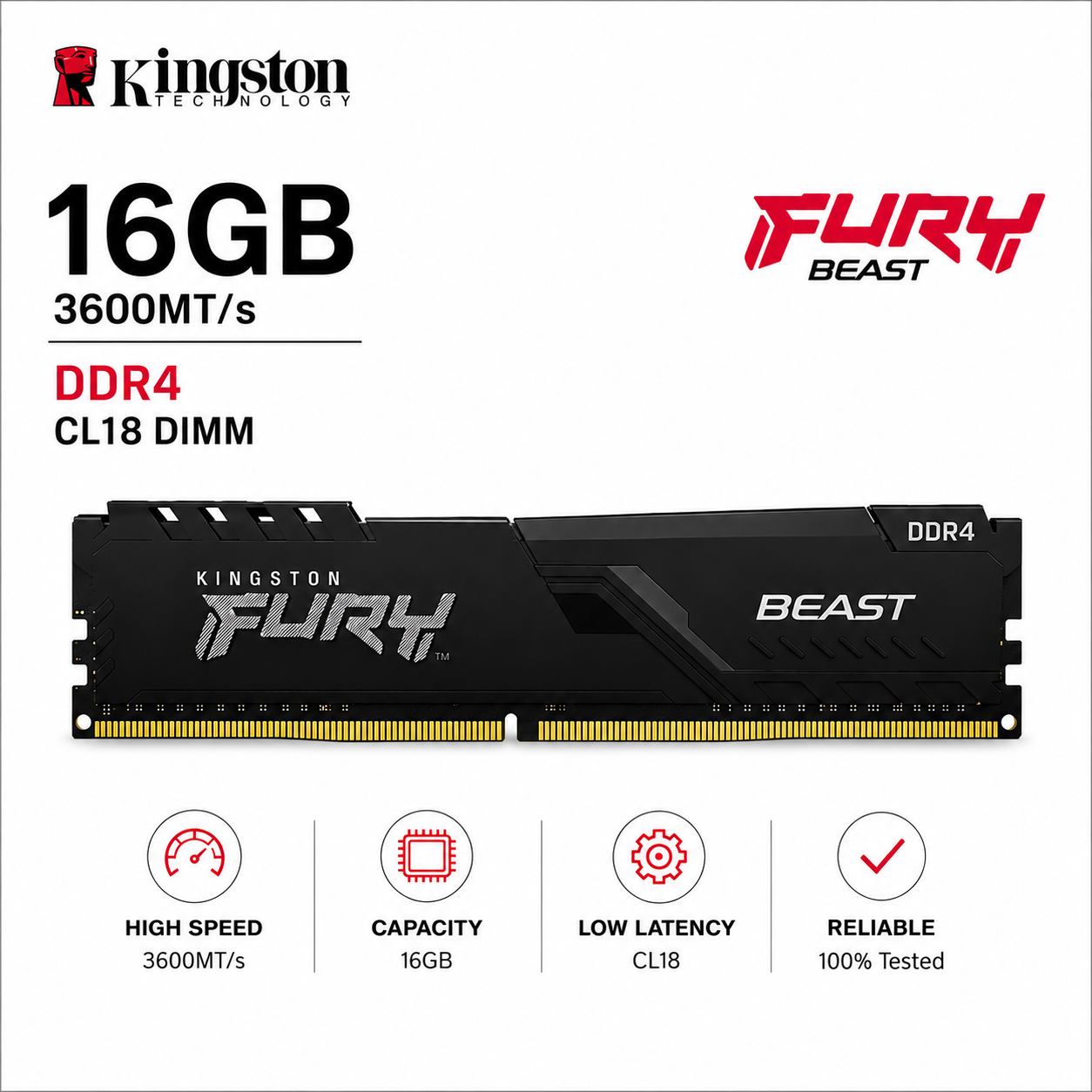 KINGSTON 16GB 3600MT/s DDR4 CL18 DIMM FURY Beast Black (KF436C18BB/16)
