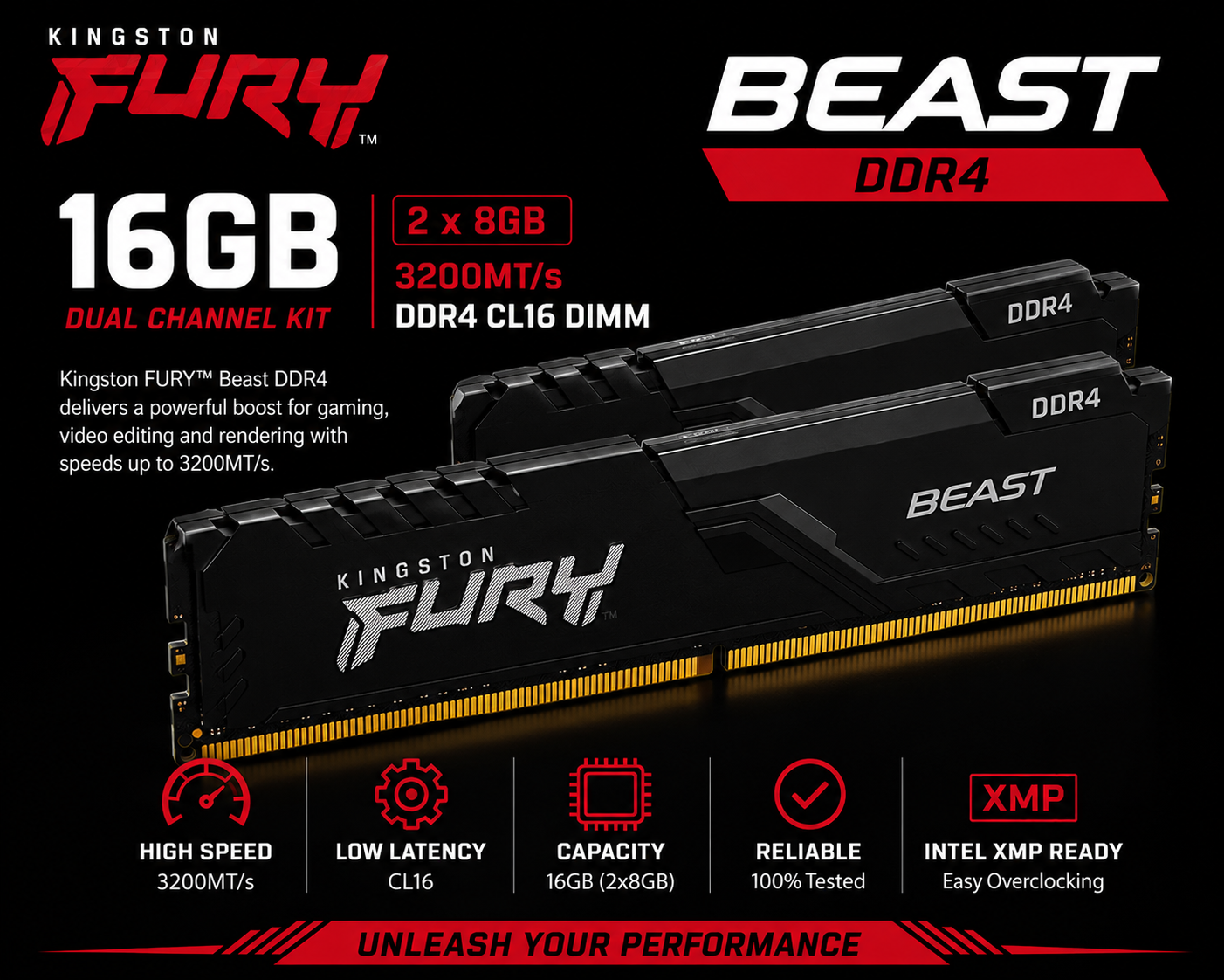 KINGSTON 16GB DUAL 3200MT/s DDR4 CL16 DIMM FURY Beast Black (KF432C16BBK2/16)