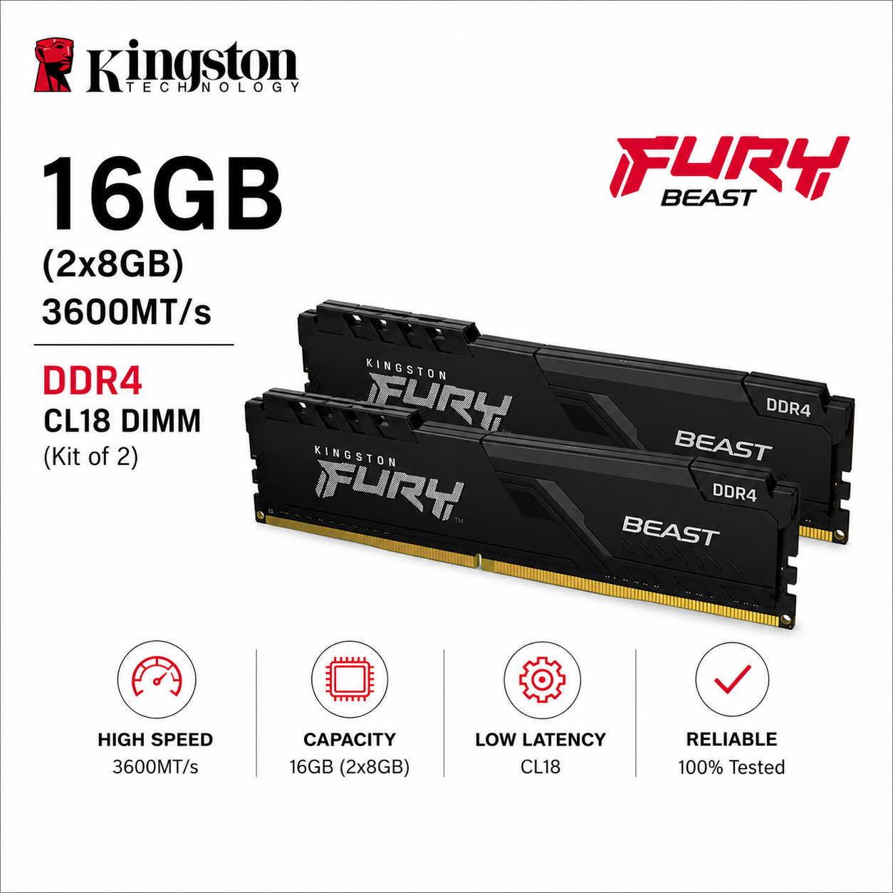KINGSTON 16GB DUAL 3600MT/s DDR4 CL18 DIMM FURY Beast Black (KF436C18BBK2/16)