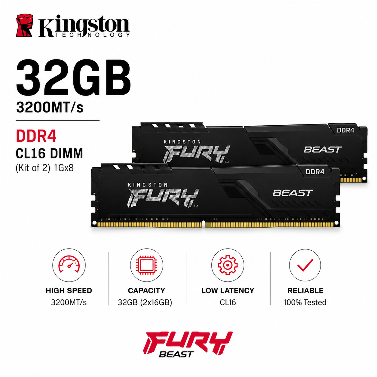 KINGSTON 32GB 3200MT/s DDR4 CL16 DIMM (Kit of 2) 1Gx8 FURY Beast Black (KF432C16BB1K2/32)