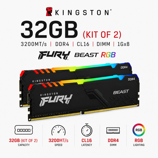 KINGSTON 32GB 3200MT/s DDR4 CL16 DIMM (Kit of 2) 1Gx8 FURY Beast RGB (KF432C16BB1AK2/32)