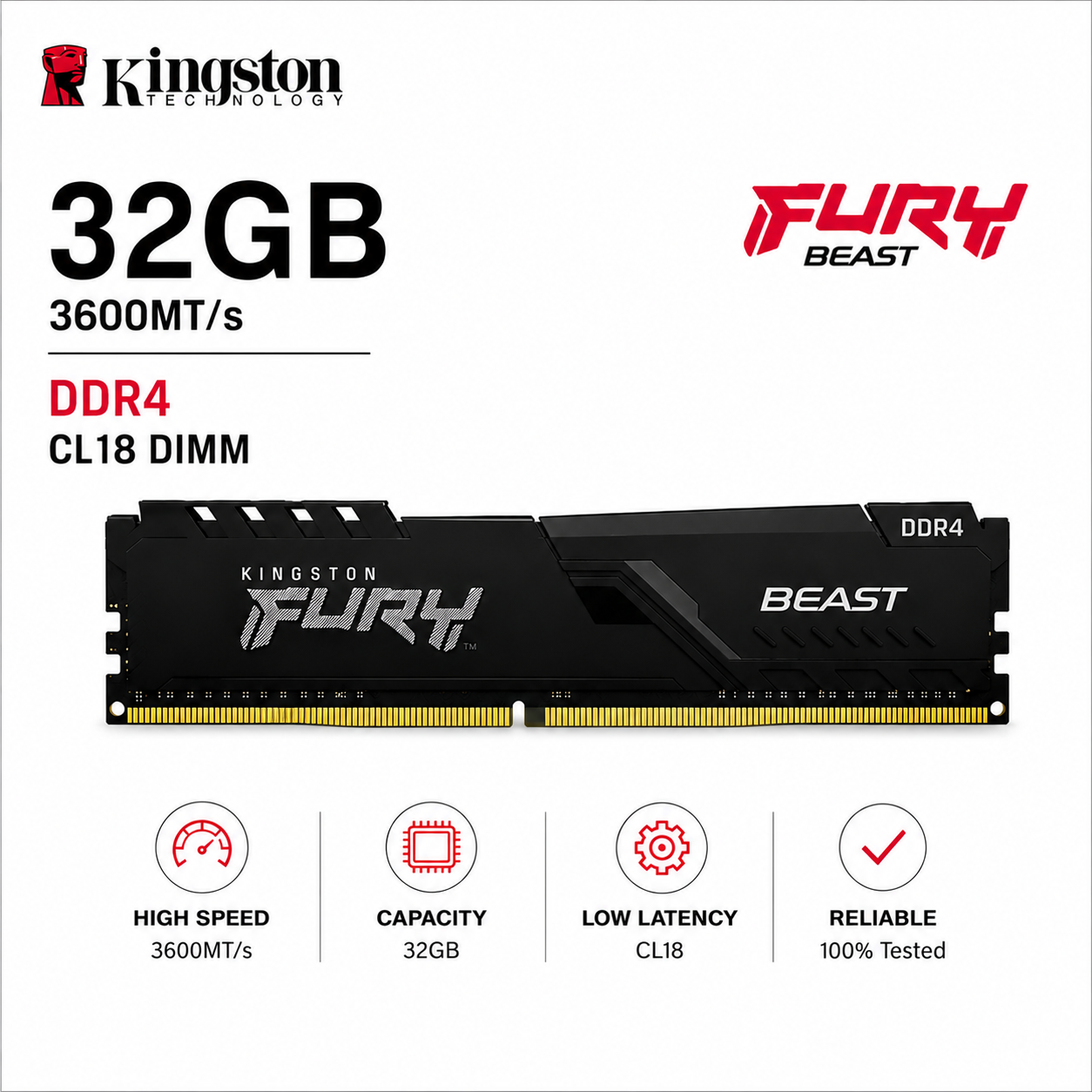 KINGSTON 32GB 3600MT/s DDR4 CL18 DIMM FURY Beast Black (KF436C18BB/32)