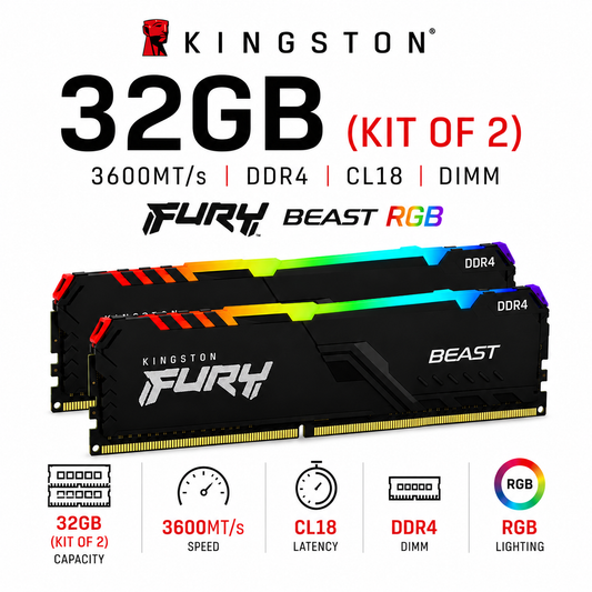 KINGSTON 32GB 3600MT/s DDR4 CL18 DIMM (2x16GB) FURY Beast RGB (KF432C18BBAK2/32)