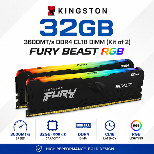 KINGSTON 32GB 3600MT/s DDR4 CL18 DIMM (Kit of 2) FURY Beast RGB (KF436C18BBAK2/32)