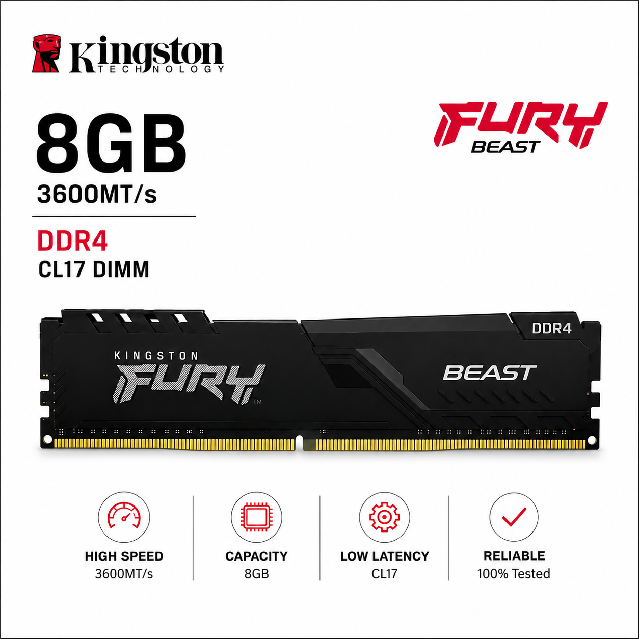 KINGSTON 8GB 3600MT/s DDR4 CL17 DIMM FURY Beast Black (KF436C17BB/8)