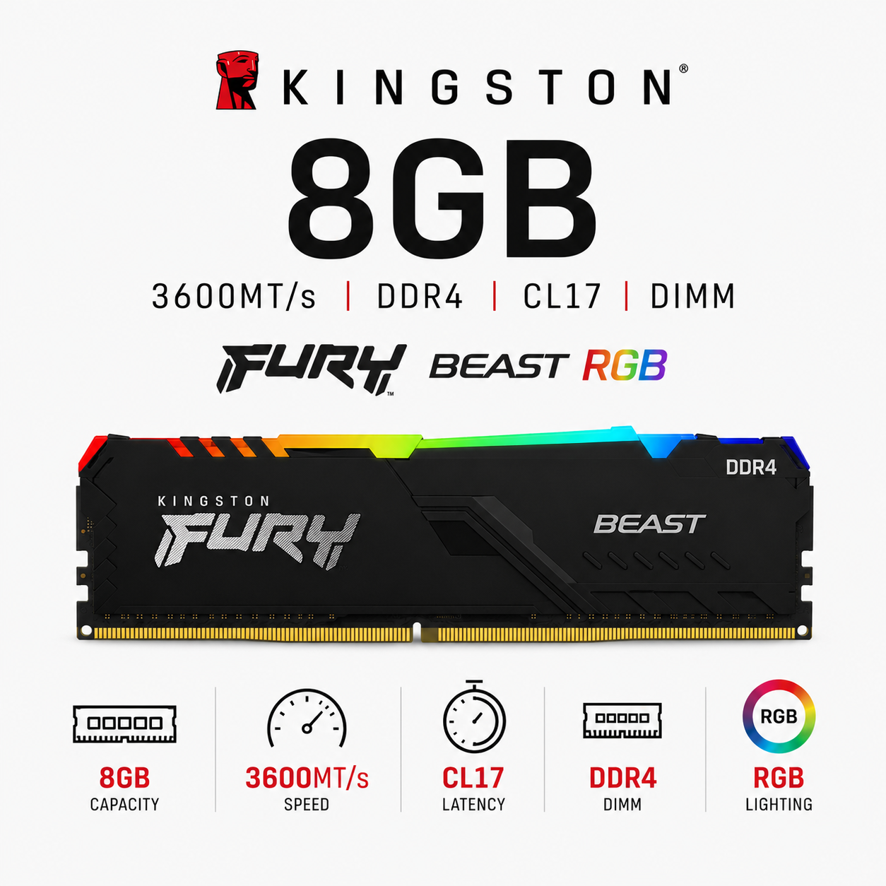 KINGSTON 8GB 3600MT/s DDR4 CL17 DIMM FURY Beast RGB (KF436C17BBA/8)