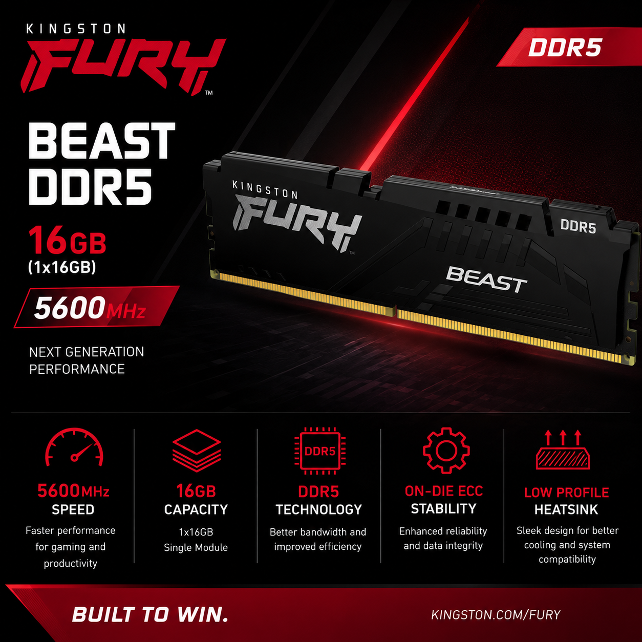 KINGSTON FURY BEAST 16GB 5600MHz DDR5 (KF556C40BB-16)
