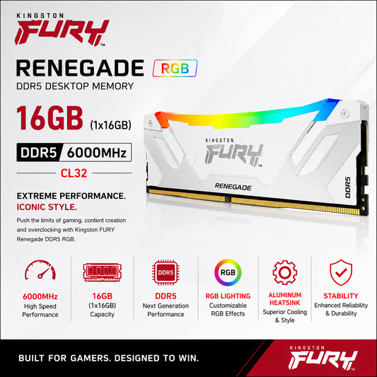KINGSTON FURY RENEGADE RGB 16GB (1x16GB) 6000MHz DDR5 CL32 - White (KF560C32RWA-16)
