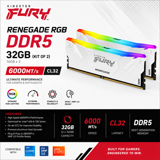 KINGSTON FURY Renegade RGB White XMP 32GB (Kit of 2) 6000MT/s DDR5 CL32 DIMM (KF560C32RWAK2-32)