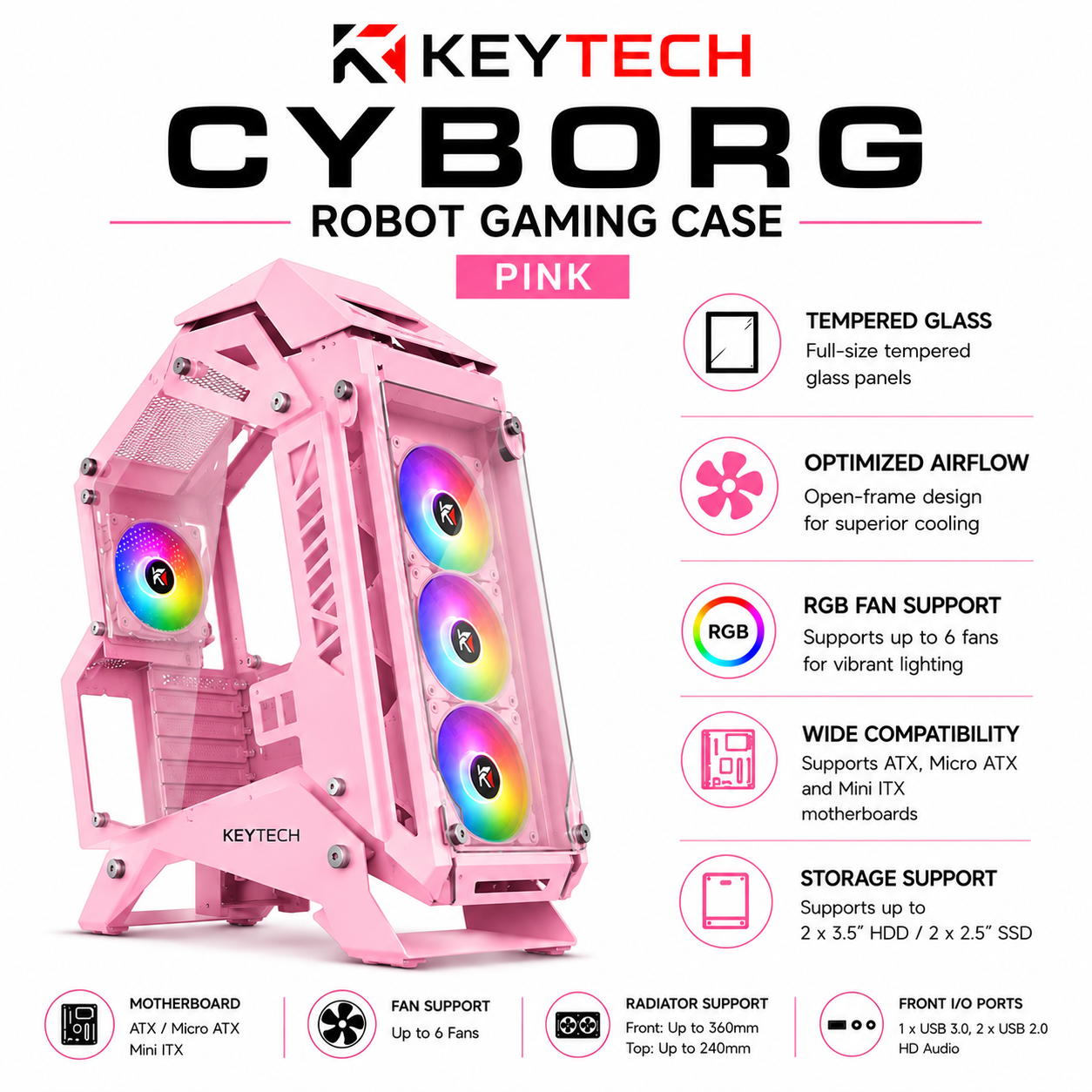 Keytech Cyborg Robot Gaming Case - Pink (CYBORG-ROBOT-PINK)