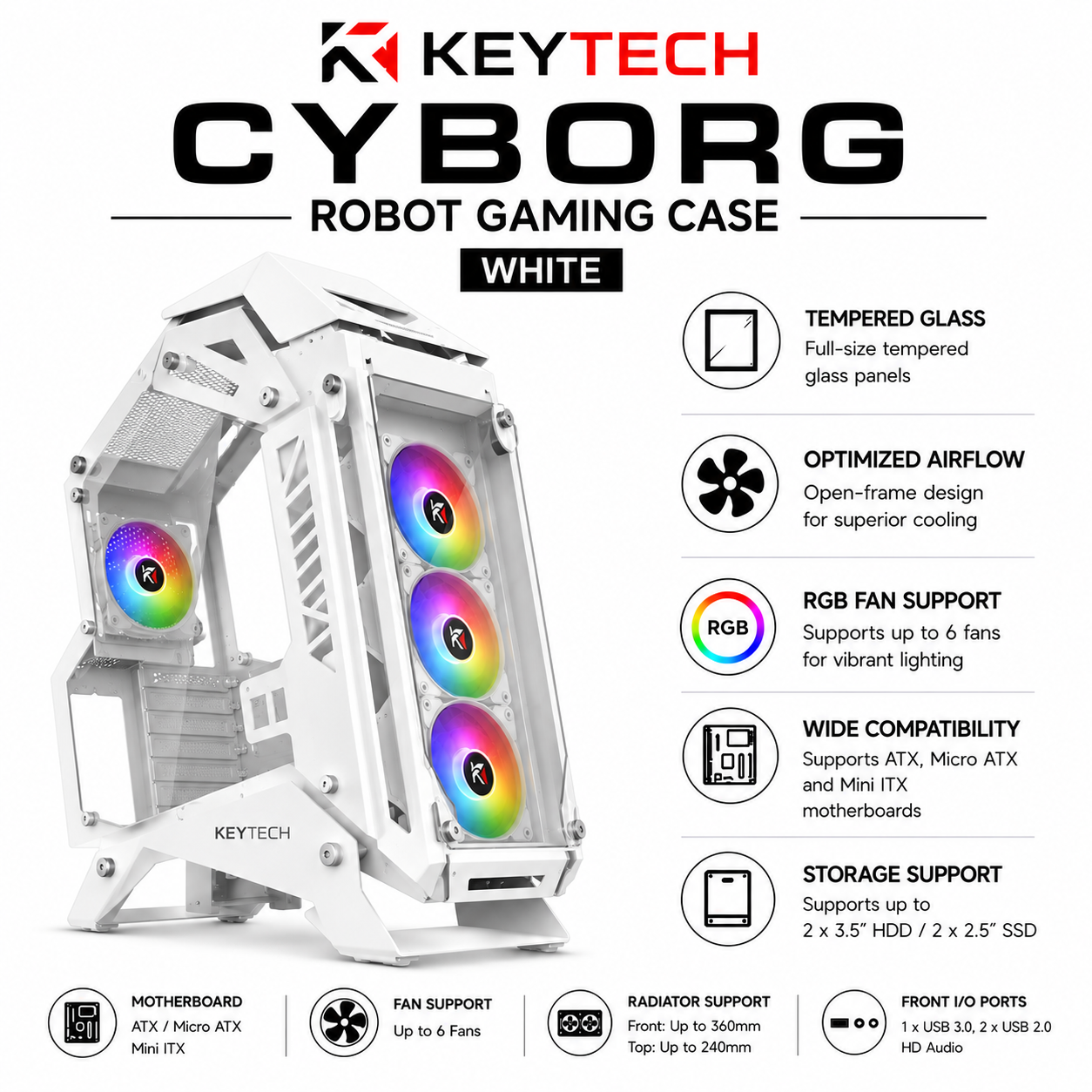 Keytech Cyborg Robot Gaming Case - White (CYBORG-ROBOT-WHITE)
