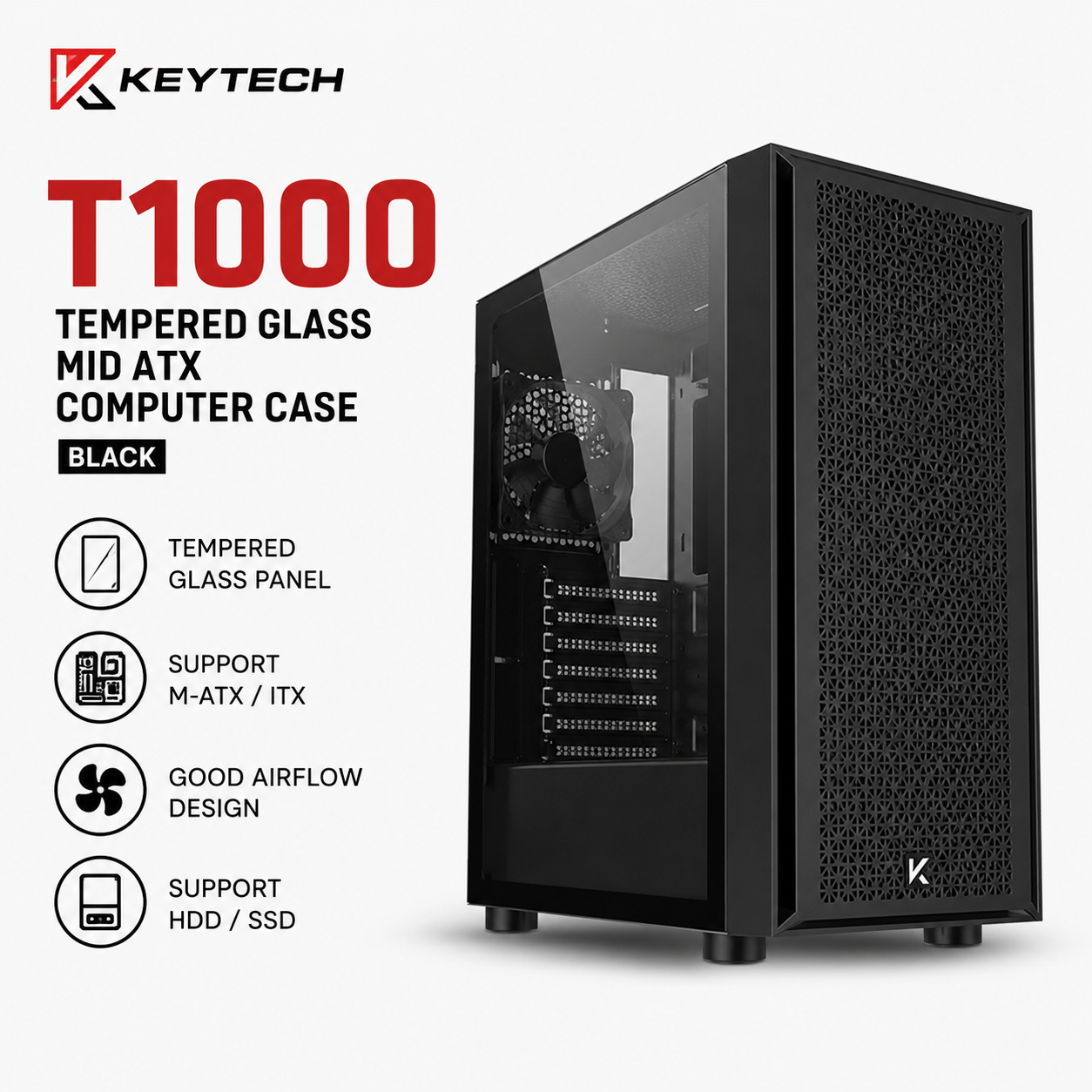 Keytech T1000 Tempered Glass Mid Atx Computer Case Black (T1000-BLK)